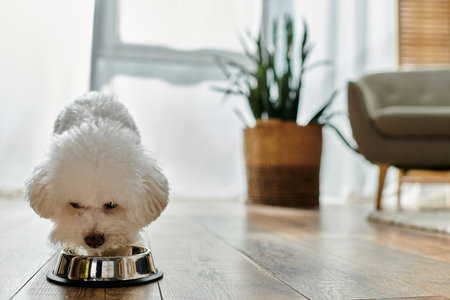 Small white dog happily eating from a bowl.