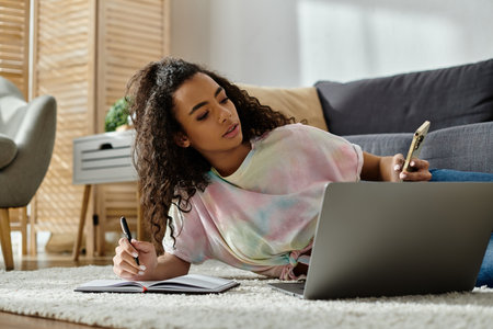 Woman with laptop, laying on floor, focused.