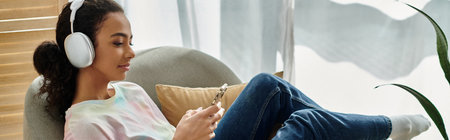 Woman relaxes in chair, immersed in music through headphones.の写真素材