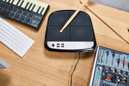Close-up of a digital drum pad in a music studio setting.