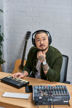 An Asian man wearing headphones sits in his studio, looking thoughtful as he plays a keyboard.の写真素材