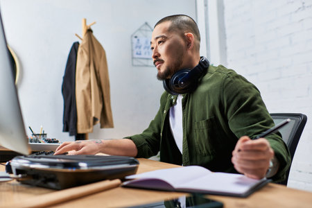 An Asian man in a casual green shirt sits at a desk in a studio, wearing headphones and working on...