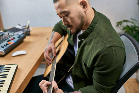 A young Asian man plays acoustic guitar in his studio.の写真素材