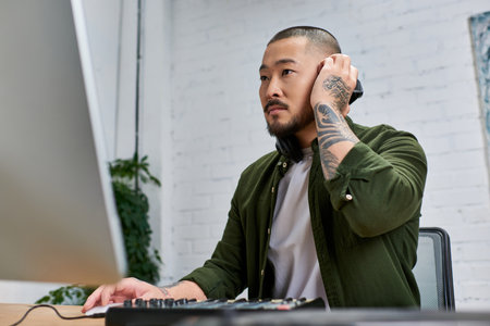 A young, handsome Asian man wearing casual attire works in a studio with a computer and musical equipment.の写真素材