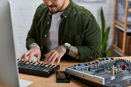 A handsome Asian man plays a MIDI keyboard in his studio.の写真素材