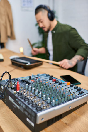 Close-up of a sound mixer in a studio with a blurry image of an Asian man playing an instrument in...