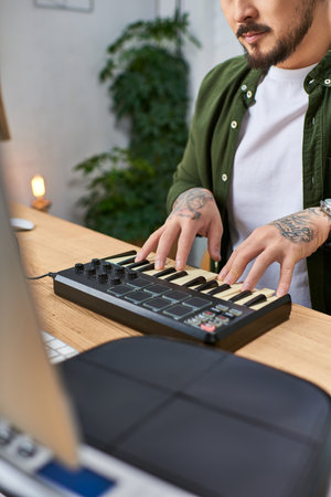 A close-up of a mans hands playing a MIDI keyboard in his studio.の写真素材