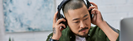 A handsome Asian man in casual attire sits in his studio, listening to music on headphones.