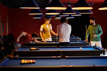 Friends enjoy a casual game of billiards in a dimly lit lounge.