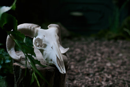 A white ram skull sits on a tree stump in the shade of the forest.の写真素材