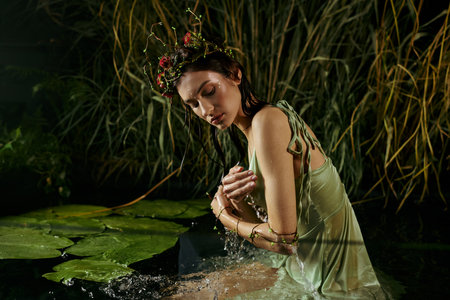A woman in a flowing gown, adorned with flowers, poses in a swamp at night.の写真素材