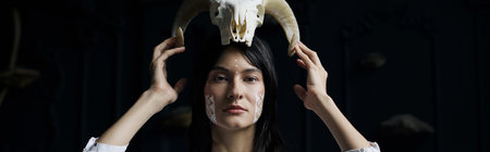 A woman with painted face and a skull crown stares intently at the camera.