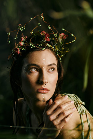 A woman adorned with a floral crown gazes wistfully into the depths of a swamp.の写真素材