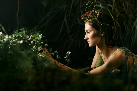 A woman wearing a floral crown poses near a swamp, her hand reaching towards the lush vegetation.の写真素材