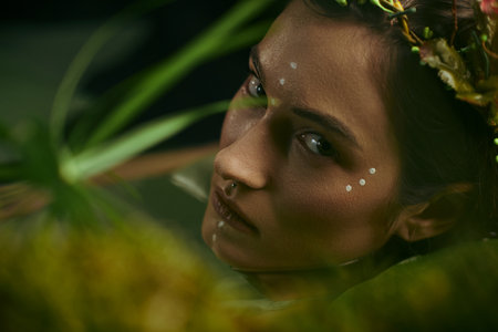A woman with a floral crown poses in a swampy, green environment.の写真素材