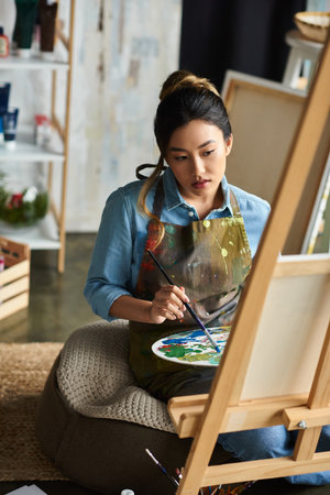 A young Asian woman, wearing an apron, is engrossed in painting at her easel in an art studio.の写真素材