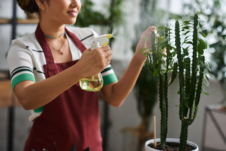 A young Asian woman in a red apron gently waters a plant at her plant shop.の写真素材