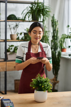 A young Asian woman, the owner of a plant store, checks her phone while surrounded by lush greenery.の写真素材
