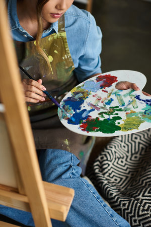 cropped woman in an apron sits in a studio, mixing colors on her palette.