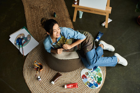 A young Asian woman in an apron relaxes on a beanbag chair in her art studio, holding a paintbrush.の写真素材