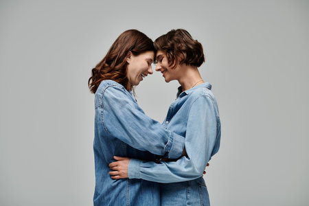 Two young women, in denim attire, embracing in front of a gray background. Lesbian couple