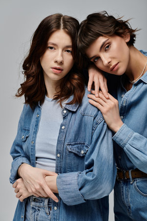 Two young women in denim outfits pose against a grey backdrop, showcasing their stylish and affectionate bond. Lesbian coupleの写真素材