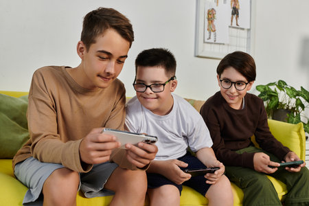 Three boys sit on a yellow couch, playing games on their phones.