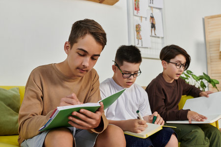 Three boys are sitting on a couch, studying together at home.の写真素材