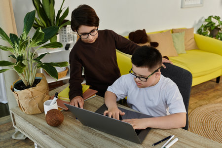 Two young boys, one with Down syndrome, work together on a laptop.