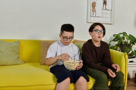Two boys, one with Down syndrome, sit on a yellow couch together, enjoying popcorn.の写真素材