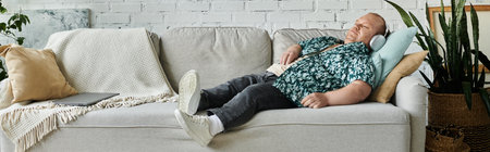 A man with inclusivity is lying on a couch, listening to music through headphones.