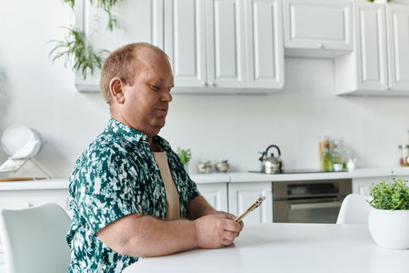 A man with inclusivity sits at a table in a white kitchen, holding a phone.の写真素材