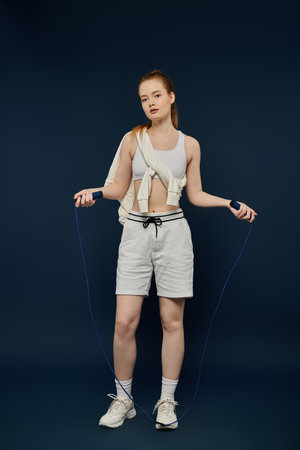 A young woman stands with a jump rope, posing against a vibrant blue backdrop.