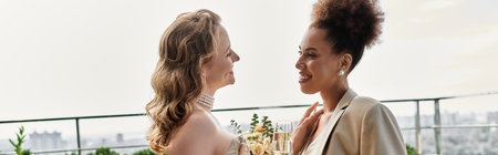 A lesbian couple raises a toast on their wedding day, overlooking the cityscape.の写真素材