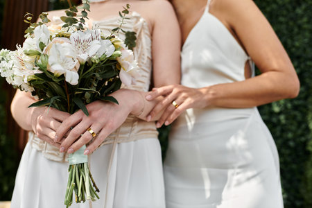 A lesbian couple hold hands and share a loving moment on their wedding day.の写真素材