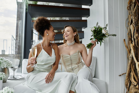Two brides celebrate their wedding with a glass of champagne and a bouquet of flowers.の写真素材