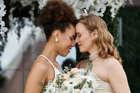 Two brides in white dresses share a tender moment during their wedding ceremony.の写真素材