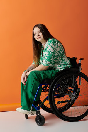 A confident young woman with long brown hair, in green floral shirt and pants, sits in wheelchair against orange background.の写真素材