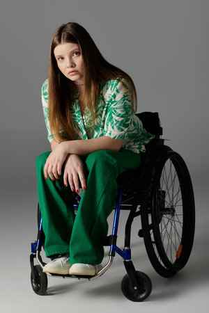 A young woman wearing green clothing sits in a wheelchair against a grey background.の写真素材
