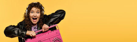 A young woman in a black leather jacket and headphones poses with a pink boombox in front of a...