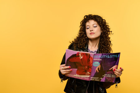 A young woman with curly hair, dressed in a black leather jacket, reads a magazine against a yellow...