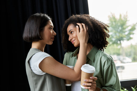 Two women in a lesbian couple bonding at work.