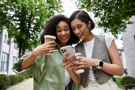 Two women look at a smartphone while walking outside.の写真素材