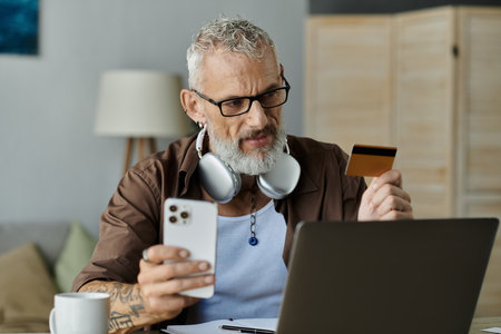 A mature gay man with tattoos and gray hair works from home, holding a credit card and smartphone.