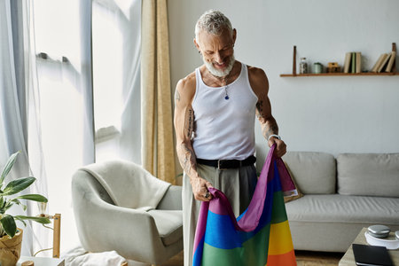 A mature gay man with tattoos and grey hair holds a rainbow pride flag in his home.の写真素材