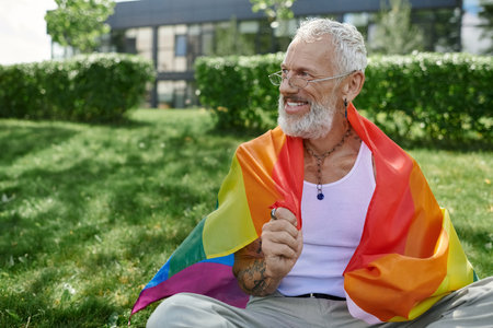 A mature gay man with tattoos and a grey beard smiles as he holds a rainbow flag in a park.の写真素材