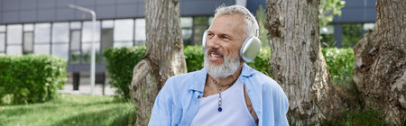 A man with a grey beard and tattoos listening to music with headphones on.