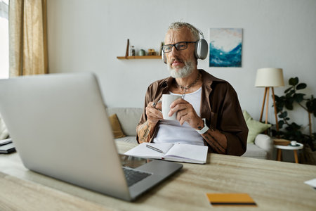 A mature gay man with tattoos and grey hair works remotely from home, enjoying a cup of coffee and the tranquility of his surroundings.の写真素材