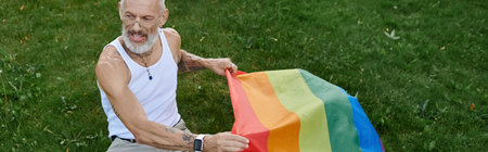 A mature gay man with tattoos and a grey beard holds a rainbow flag outdoors.