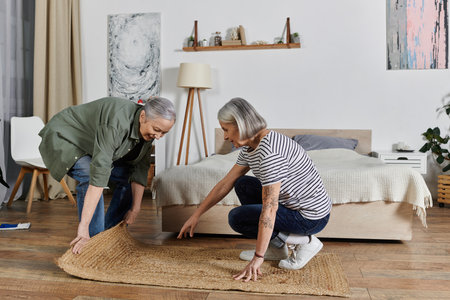 Two mature lesbian women are cleaning their modern apartment together.の写真素材
